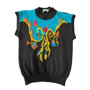 Vintage Knit Pullover Sweater Vest Intarsia Floral‎ Small Black Multi Retro 80s